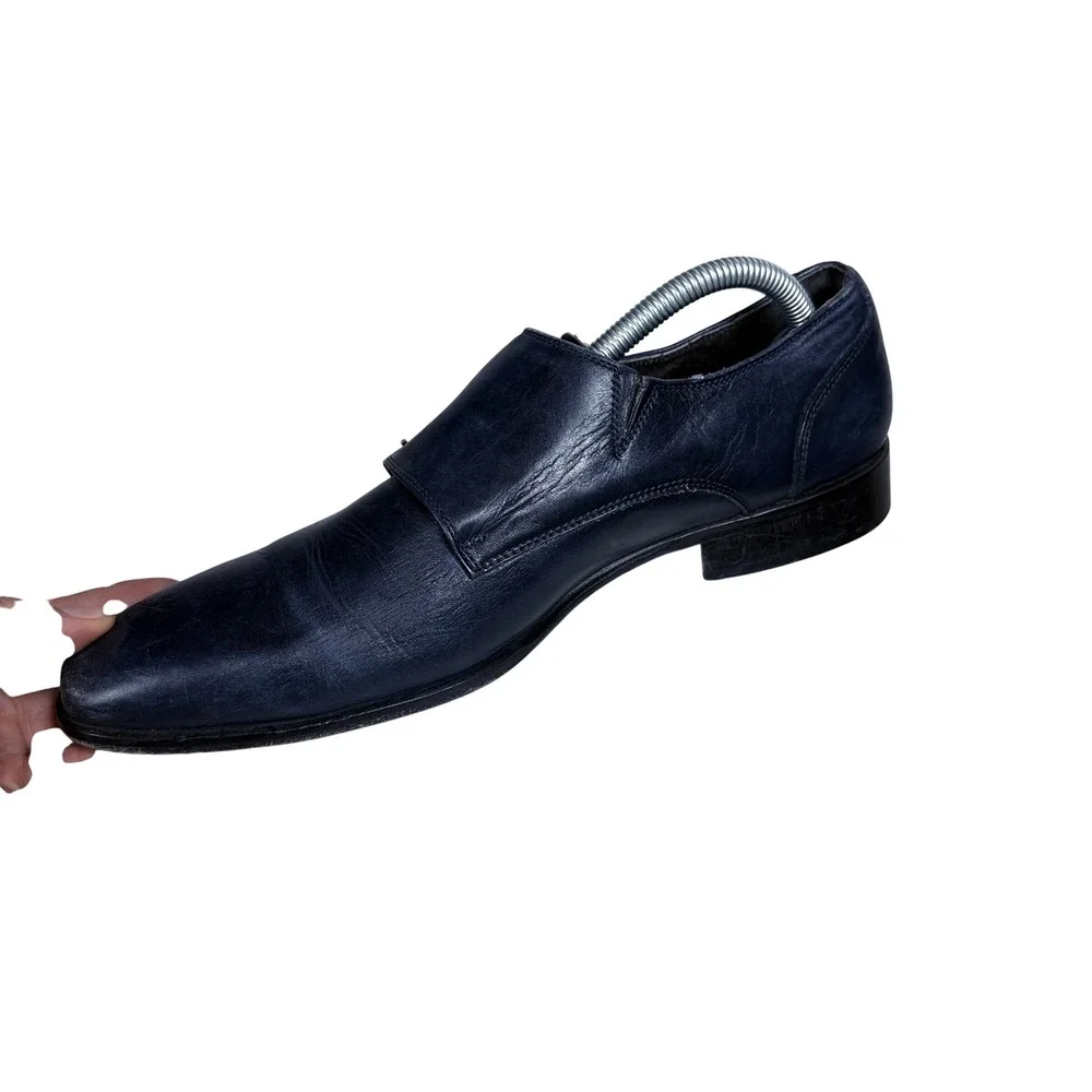 Thompson Double Monk Strap Shoes Mens 42 Navy Blue Leather Blake Italy 6713